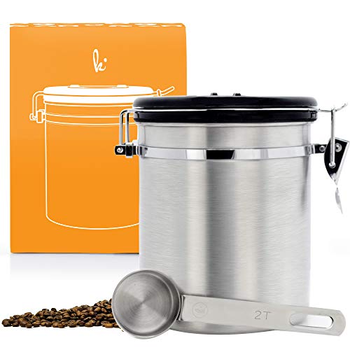 Coffee Storage Container with Scoop - Airfresh Valve Stainless Steel Metal Canister for Fresher Coffee Ground or Beans (Vienna Silver)