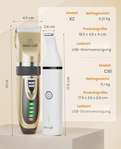oneisall Hunde-Haarschneidemaschine und Hundepfoten-Trimmer, 3-in-1-Set, geräuscharm, schnurlos, für die Fellpflege von Tierhaar, für kleine und große Hunde, Katzen, Tiere