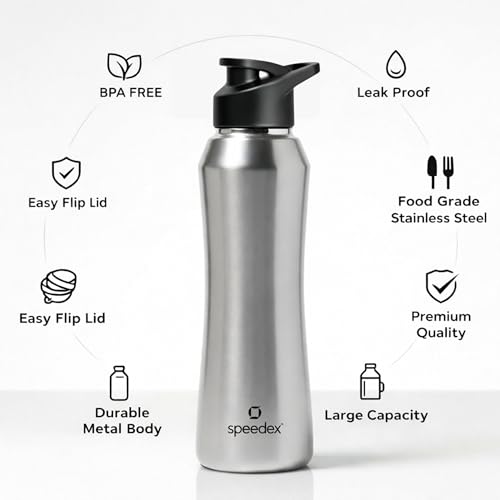 Image of Speedex Stainless Steel Water Bottle 1 Ltr, 1000 ml Metal Bottle For Daily, Office, School, Gym, Travel Use for Men, Women, Kids, Adults-Leak Proof Sipper Cap, BIS Approved, Silver, Set of 4