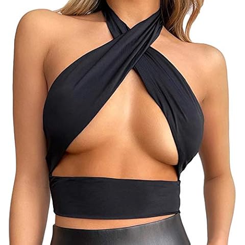 Women Sexy Halter Neck Strappy Criss Cross Over Backless Front Cut Out Sleeveless Crop Top Vest Y2k Streetwear Cover