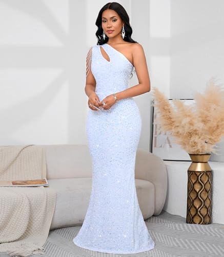 Image of Cololura Women Sequin Elegant Sexy One Shoulder Tassel Mermaid Bodycon Cocktail Evening Dress
