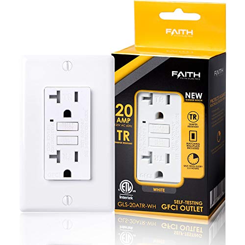 Faith 20A GFCI Outlet, Slim, Tamper-Resistant GFI Duplex Receptacle with LED Indicator, Self-Test Ground Fault Circuit Interrupter with Wall Plate, ETL Listed, White