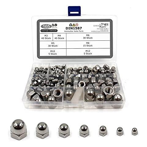 165 teiliges Set Hutmutter hohe Form nach DIN 1587 rostfreier Edelstahl A2 V2A Sechskant-Hutmuttern Größen M3 M4 M5 M6 M8 M10 M12 Cover