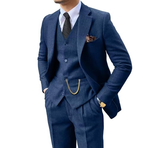3 Piece Suit Tweed Herringbone Men's Suits Slim Fit Groom Tuxedos Set Prom Brown Grey Jacket Blazer Vest Pants Navy XL
