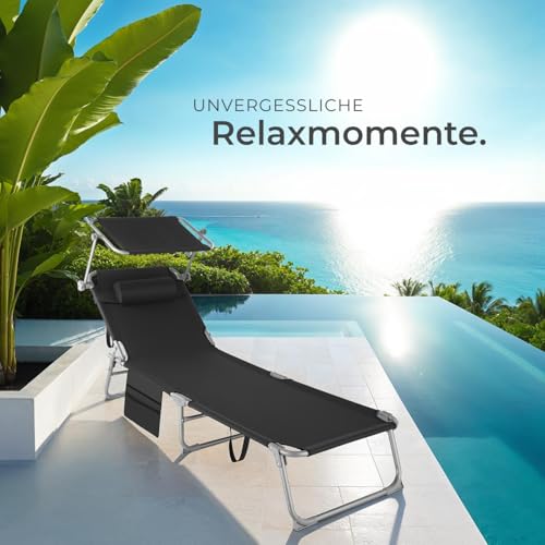 tectake® Sonnenliege klappbar, tragbar, Liege mit Seitentasche, Strandliege, Gartenliege mit Dach, Liegestuhl mit Verstellbarer Rückenlehne, inkl. Kopfkissen - für Balkon, Terrasse, Camping - schwarz