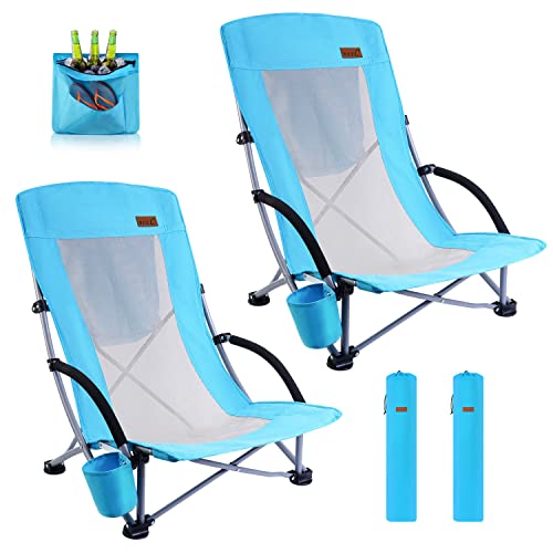 Nice C Beach Chair, Chaise de Plage, Beach Chairs Folding Backpack Adults w/Cooler Compact High Back, Cup Holder & Carry Bag, Camping, BBQ, Travel, Picnic, Festival (Set of 2 Blue) by NICE C - Used condition - CA$71.28