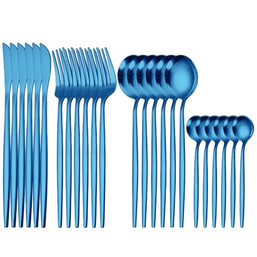 Image of 24 pcs Flatware Set, Blue Silverware Set for 6, Knife Fork Spoon, Stainless Steel Home Dinnerware Tableware,Mixed Cutlery Set Eating Utensils for Restaurants(24 Pcs Blue)