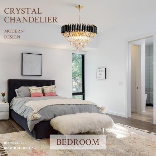 Image of Modern K9 Crystal Chandeliers Gold -Round Crystal Chandelier for Living Room Colors.Warm White, Moon Light,Golden,Led Plate Included (Black Gold, 600MM)