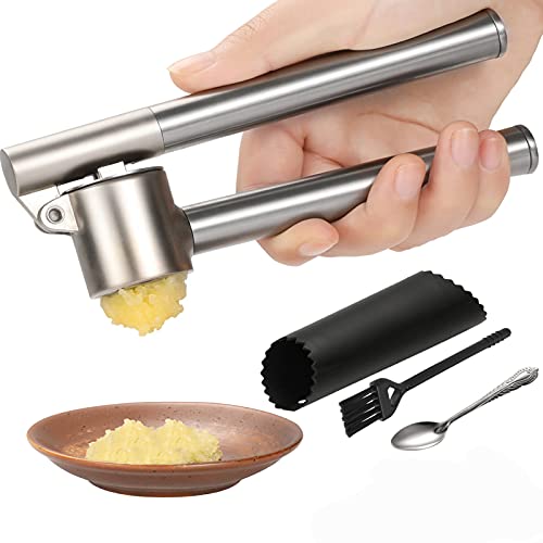 Garlic Press- Stainless Steel Garlic Mincer & Peeler Set, Rust Proof Garlic Crusher, Removable Inner Dish Design for Easy Clean and Filling Garlic