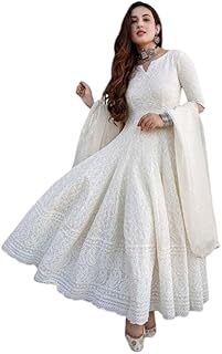 apcon enterprises Women's Cotton Chikankari Long Anarkali Kurti with Dupatta (White)-picture-48