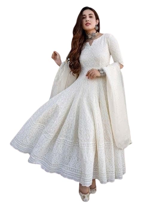 Women’s Cotton Chikankari Long Anarkali Kurti With Dupatta (White) Women’s Cotton Chikankari Long Anarkali Kurti With Dupatta (White)