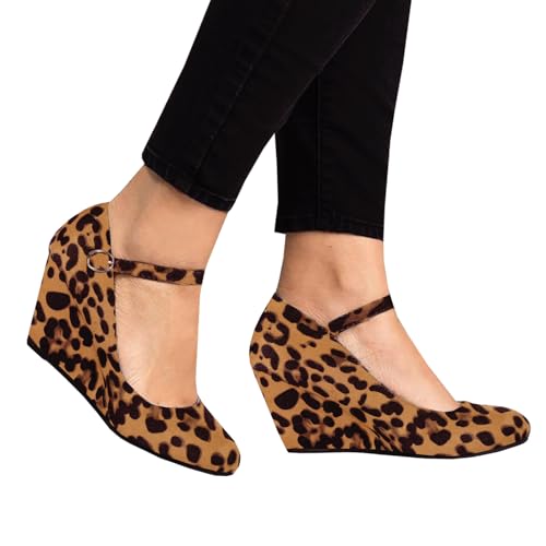 Image of Coutgo Womens Wedge Pumps Dressy Mary Jane Shoes Comfort Wedges Closed Toe Ankle Strap Heeled Shoes
