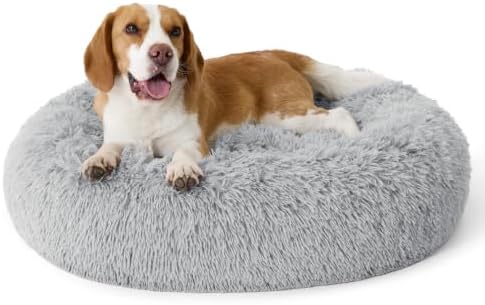 BEDSURE SupportMax™ Hundebett Mittelgroße Hunde Waschbar Flauschig, 80cm | Plüsch Donut Hundekorb mit Abnehmbarem und Waschbarem Bezug, Körbchen Hund mit Rutschfester Boden, Hellgr