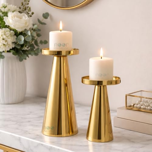 Image of ππππ πππππππππππππ | Metal Pillar Candle Holder Set of 2 | Table Centerpieces Coffee Tables | Candles Stand for Christmas Home Decor Gift | Wedding Gift (Shiny Gold- Set of 2 Pcs)