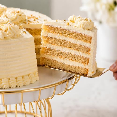 Image of Cake Stand with Gold Wire Base, White Metal Top, Round Pedestal for Dessert Display Premium Metal Cake Stand with White Tray & Gold Finish Base | Elegant Dessert Stand for Cakes, Pastries & Fruits | Decorative Serving Platter for Home, Parties & Gifting