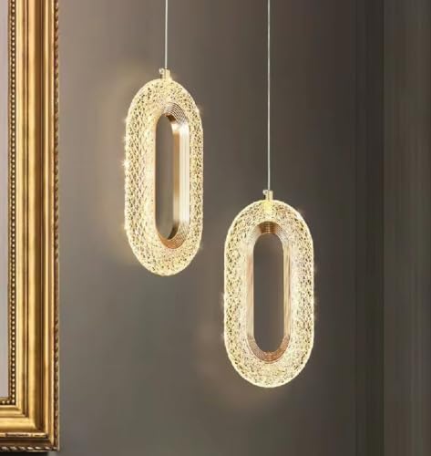 Image of Groeien Pack of 2 |12W | 3 Color Gold Finish Modern LED Crystal Oval Hanging Pendant Ceiling Lamp Fixture | Chandelier for Home, Indoor, Outdoor,Living Room, Bedroom(Oval-Crystal Ring, 2)
