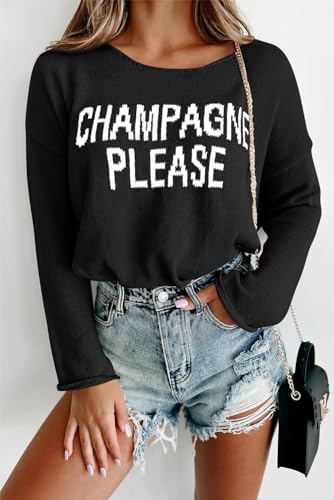 Image of Women Champagne Please Graphic Sweater Casual Slogan Round Neck Long Sleeve Loose Pullover Top