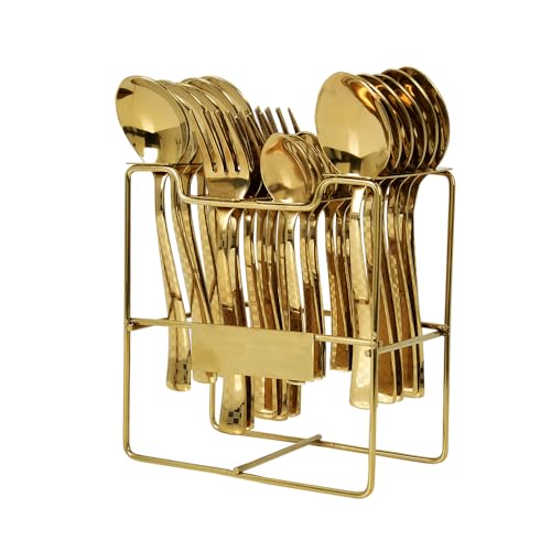 Image of 25 Piece Gold Cutlery Set for Kitchen & Dining Luxury Stainless Steel Golden Flatware Set with Stand (6 Dessert Spoons, 6 Dessert Forks, 6 Tea Spoons, 6 Soup Spoons, 1 Storage Stand)