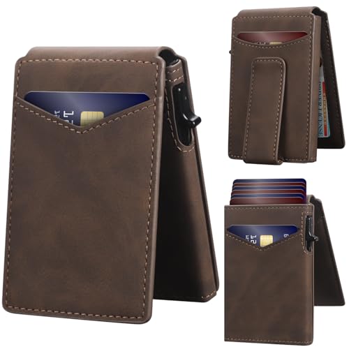 Wallet for Men RFID Blocking Card Holder, Genuine Leather Slim Pop up Card Case, Minimaslit, Front Pocket, 9-13 Card Capacity, ID Window, Money Clip(Coffee)