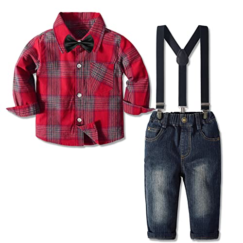 Yilaku Costume Garçon Chemise À Carreaux À Manches Longues + Noeud Papillon + Jarretelles + Pantalon 4pcs Costume Garçon Gentleman Outfit(Rouge , 6-7 Ans) Cover