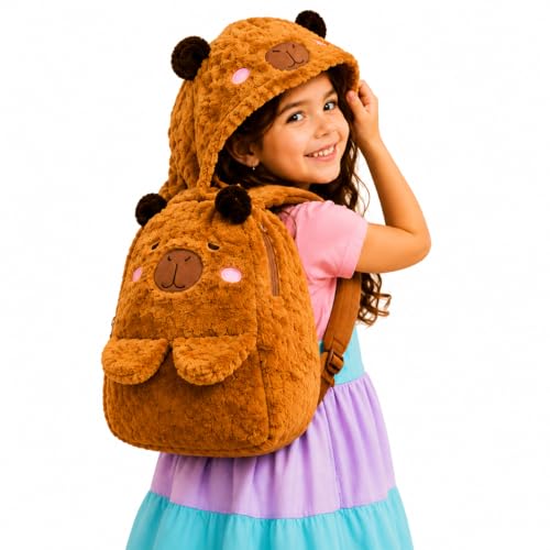Mochila Infantil De Pelúcia Capivara Com Touca Integrada