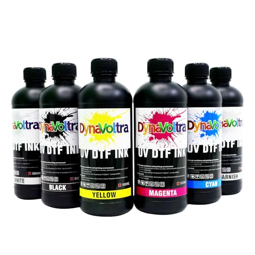 DynaVoltra 6 x 500ML UV DTF Ink for UV DTF Printer Compatible with Ep XP600 TX800 i3200 L805 1390 DX5 DX6 DX7 i1600 DX10 Fast-Drying Vivid Direct to Film Ink for Sticker Printing (CMYKWV)