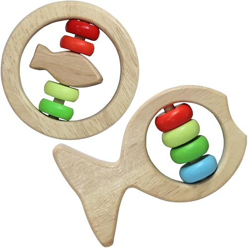 Image of Adventure Awaits! Wooden Fish Colorful Bead Rattle Set, Baby Teething Toy 2 Pack, Educational Toy for Toddlers & Preschoolers 2pk