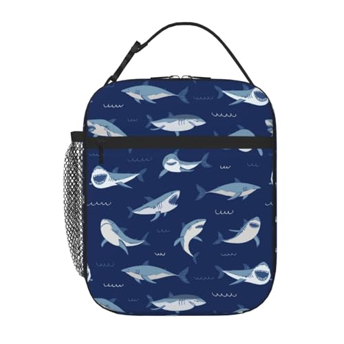 Shark Dark Blue Insulated Lunch Bag,Kids Lunch Box For Girls Boys Teen,Kid Lunch Box Containers Cooler Bag With Front Pocket For Women Men,Reusable Lunch Tote Bag Lunchbox For School/Work/Picnic