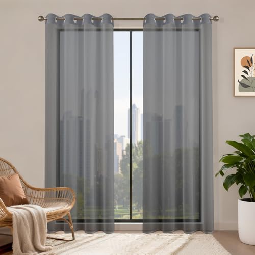 Runyéla Rideaux Voilages Gris Foncé 140x220, Lot de 2 Voilage Fenêtre Rideau Transparent à Oeillet, Moderne Décoration Intérieure pour Salon Chambre...