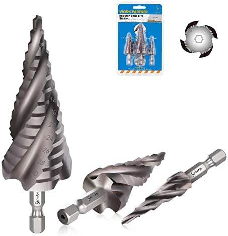 SS SHOVAN 3PCS HSS 4-Flute Step Drill Bits Set, 4-12mm, 4-20mm, 4-32mm