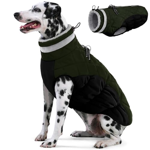 Image of AOFITEE Dog Coat, Warm Dog Jackets for Large Dogs, Reflective Turtleneck Dogs Winter Coat with Harness Built in, Waterproof Windproof Pet Snow Jacket Fleece Vest for Cold Weather, Green XXL