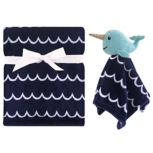 Image of Hudson Baby Unisex Baby Plush Blanket with Security Blanket, Boy Narwhal, One Size