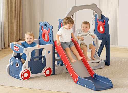 Image of XJD 10 in 1 Toddler Slide, Kids Slide for Toddlers 1-3, Toddler Play Climber Slide Playset with Basketball Hoop and Ball,Toddlers Outdoor Indoor Playground (Red, Medium)