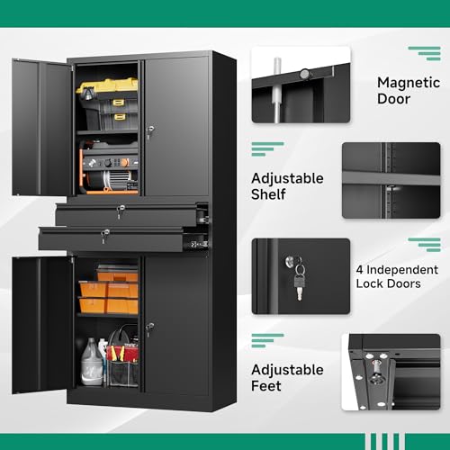 Image of Letaya Metal Garage Storage Cabinet,71 inch Heavy Duty Steel Tool Cabinet with 4 Door Lock-Adjustable Shelves and 2 Drawer for Garage Home Office Utility Room (Black)