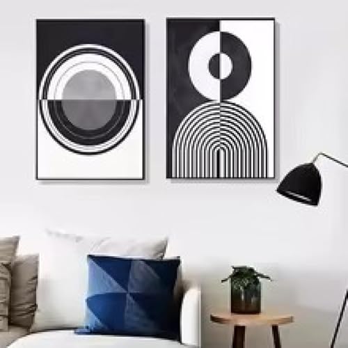 Toile avec lignes et cercles noirs et blancs pour habiller un mur vide de salon