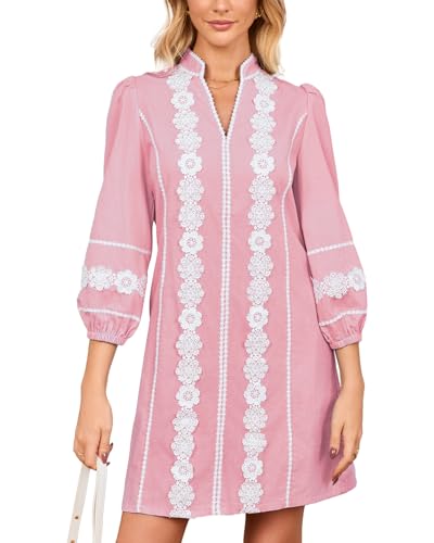 Women's Embroidered Lace Floral Tunic Dress 3/4 Puff Sleeve V