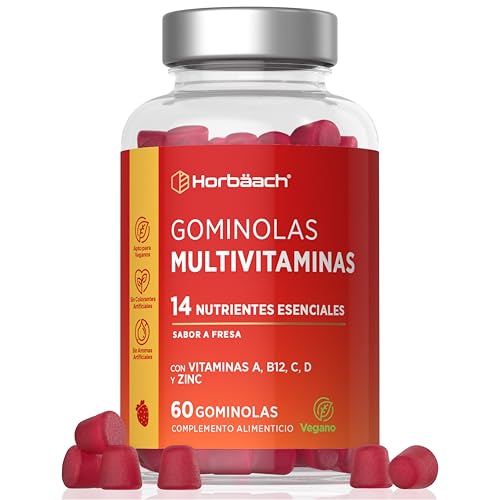 Multivitaminas Gominolas | 14 Multivitaminas y Minerales Esenciales como como Vitamina D, A, C, B6, B12, E, Biotina, Zinc y Ácido Fólico y Más | 60 Gummies Sabor Fresa | de Horbaach