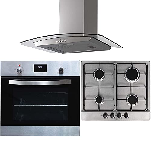 SIA SO114SS 60cm Stainless Steel Digital Electric Single True Fan Oven, SSG602SS 4 Burner Gas Hob with Enamel Pan Stands & CGH60SS Curved Cooker Hood