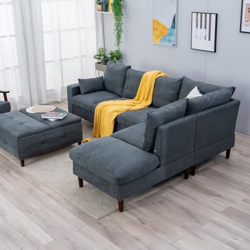 Panana Sectional Sofas, Corner Sofa 2 Seater and 3 Seater Seette Couch Loveseat (Grey Linen Fabric - Track Arm, 6 Seater Extra Corner Sofa) - Image 7