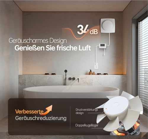 BUMSOU Badlüfter mit Feuchtigkeitssensor Temperatursensor Timer - WC Lüfter 100mm mit Fernbedienung, Echtzeit Feuchtigkeit und Temperatur, Stark Lüftung und Leise Abluftventilator 100mm for Bad P119