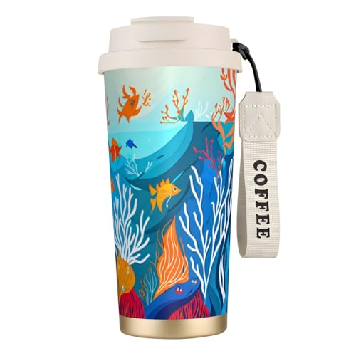 ERSDWRE Vaso de café aislado con estampado de peces marinos tropicales, taza de viaje con pajilla, tazas de café al vacío, botella de agua para oficina