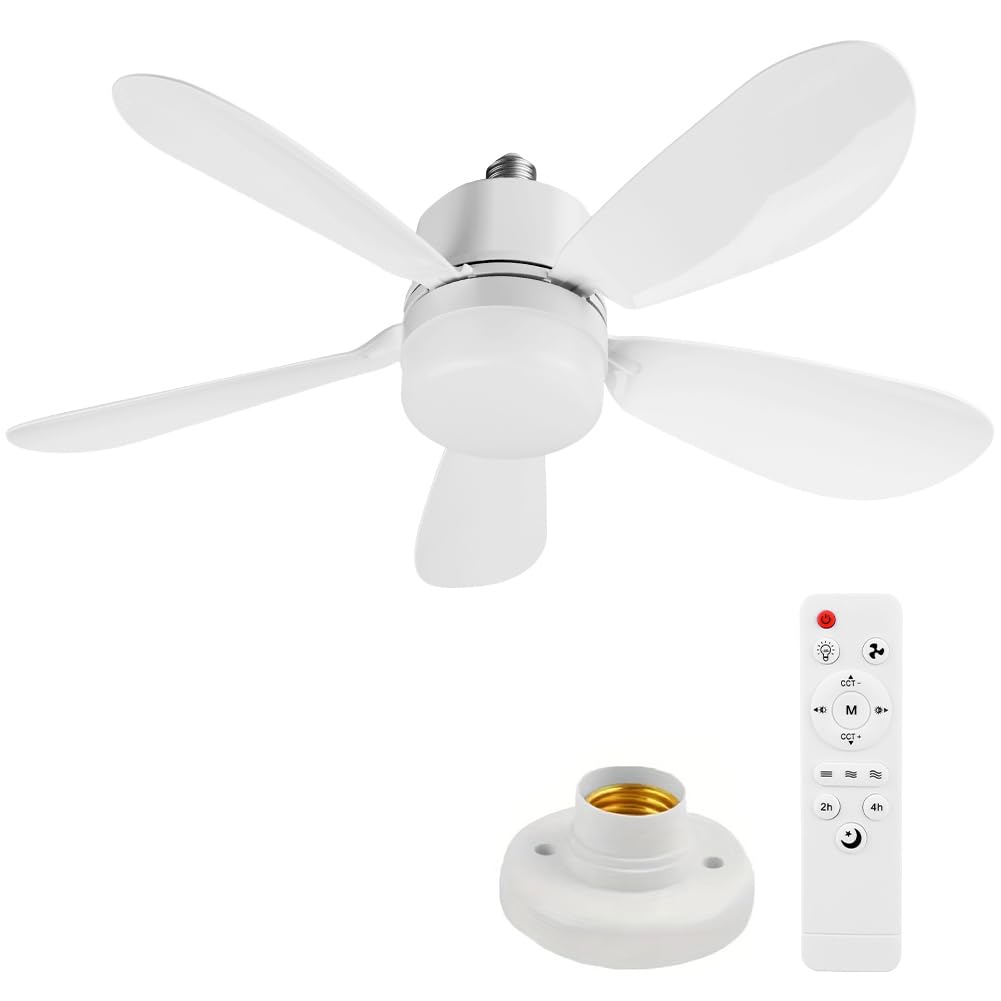 Ceiling Fan Light with Remote | 52CM Plug in Socket Ceiling Fan Light | 3000K-6500K Timing Dimmable Led Light Fan Bulb Fitting | E26/E27 Silent Screw in Lamp Fans for Bedroom