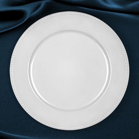 Pearlized White Plastic Charger Plates with Beaded Rims, 13" Set of 4