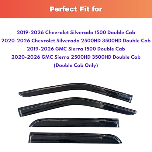 Image of KPY Rain Guards for 2019-2026 Chevrolet Silverado /GMC Sierra 1500 Double Cab, Out-Channel Window Visor Vent Deflector, Truck Accessories for 2020-2026 Chevy Silverado /Sierra 2500HD 3500HD Extended Cab