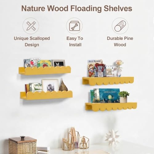 Image of Scalloped Shelves for Nursery - Wall Book Shelves for Bedroom Kids, Nursery Bookshelf for Wall Set of 4, Floating Book Shelves Solid Wood,18 Inch (Yellow)