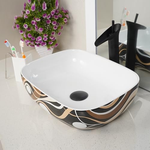 Image of LUXART Ceramic Table Top Vessel Sink | 13 x 18 x 5 IN Wash Basin Over Counter Top Wash Basin | Brown Wave Tabletop Bathroom Kitchen Sink For Bathroom & Living Room