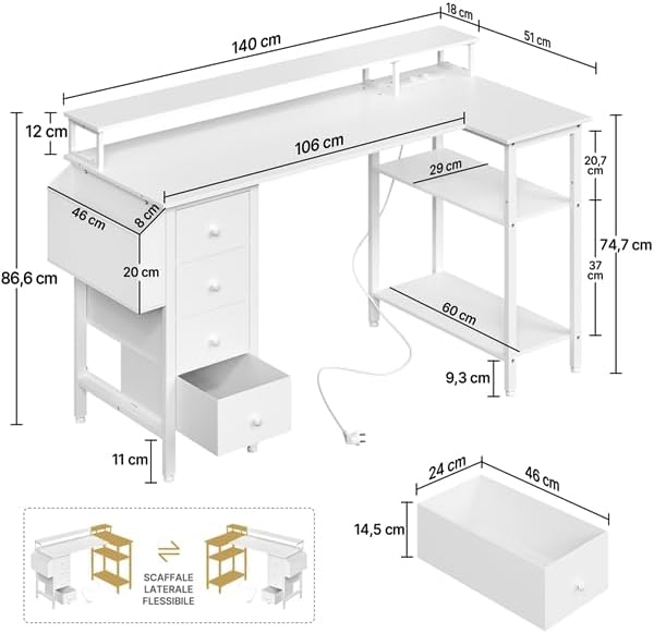 Diagram showing the dimensions of the Yaheetech Corner Desk, including overall length, width, height, and individual component measurements.