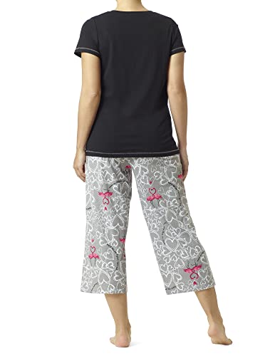 Hue Women's Printed Knit Short Sleeve Tee And Capri 2 Piece Pajama Set, Black-Flamin Go Together, Large #TOP1