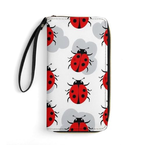 Fashion Decor Wallet, Long PU Zipper Wallet, Travel Purse Fashion Design, Huge Storage Capacity Purse With Rope Red Black Dots Ladybugs Pattern
