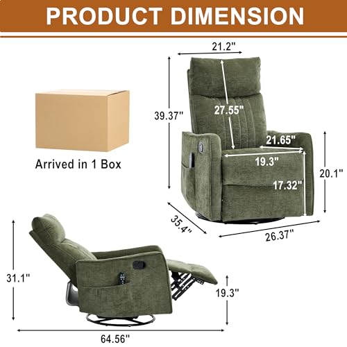 Image of Manual Swivel Rocker Recliner Chair for Adults, Overstuffed Reclining Glider Chair for Nursing with Vibration Massage & Heat, Living Room Rocking Recliner 2-Stage backrest, Chenille Fabric Green